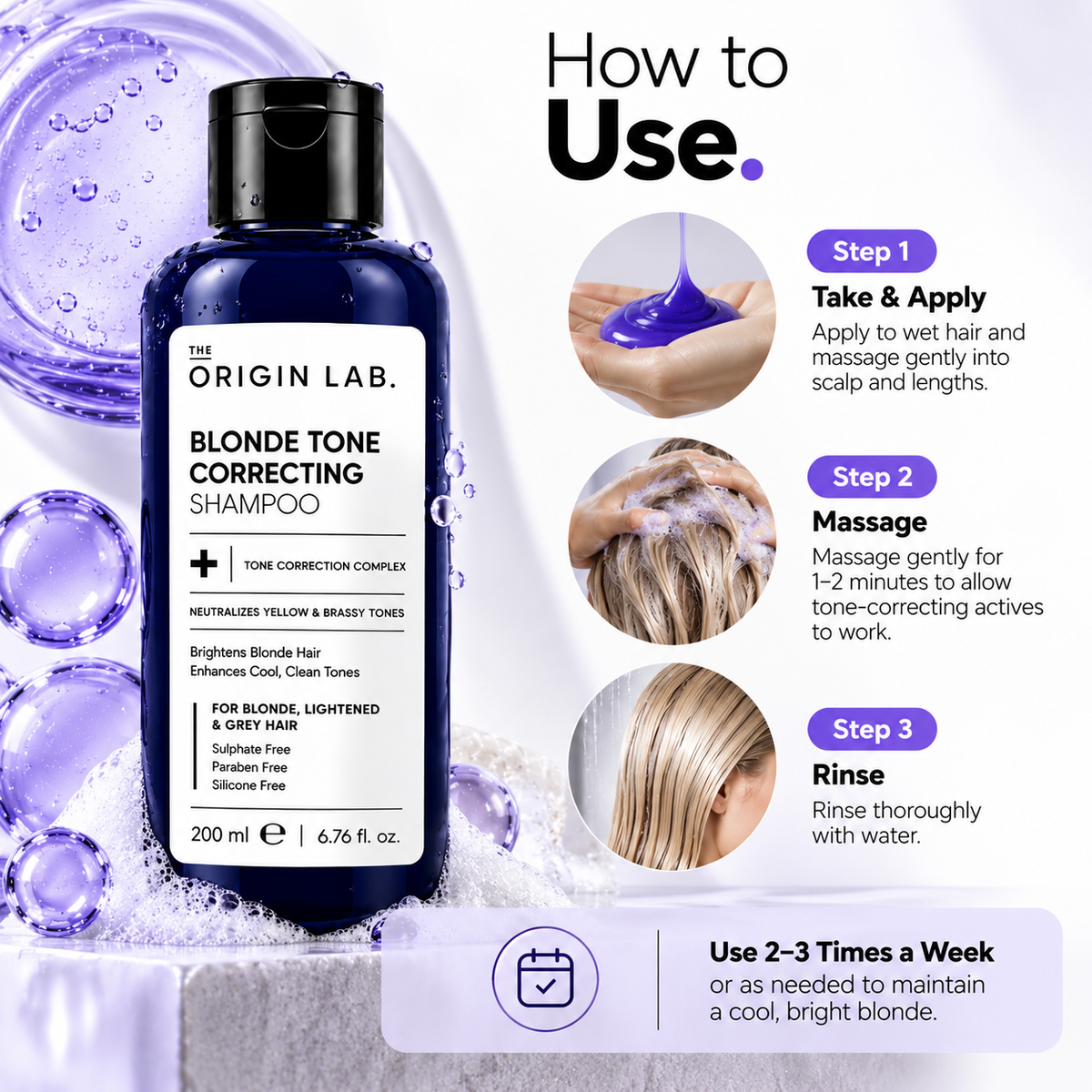 The Origin Lab Blonde Tone Correcting Shampoo – Neutralizes Yellow & Brassy Tones | 200 ml