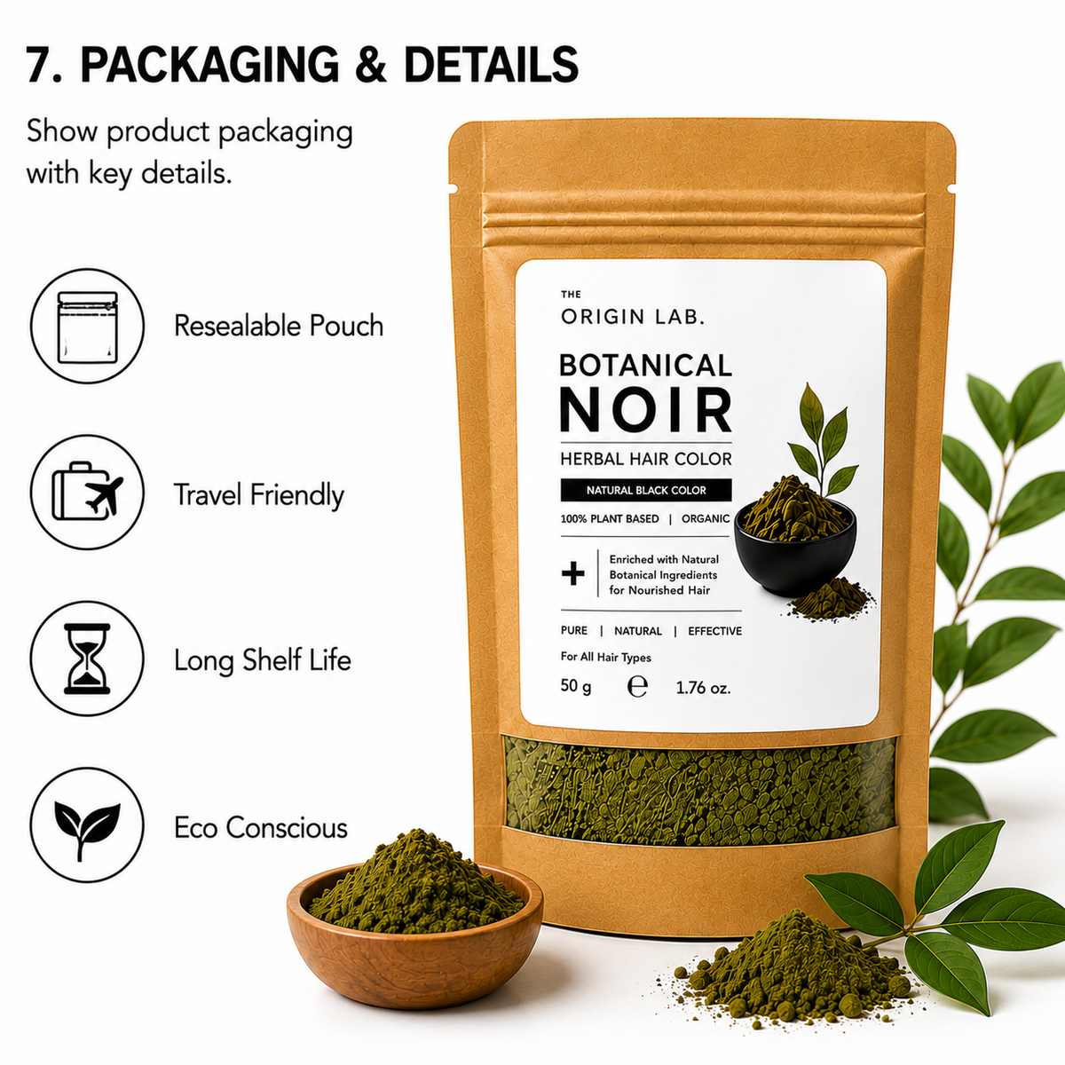 The Origin Lab Botanical Noir Herbal Hair Color – Natural Black | 100% Plant Based | 50g