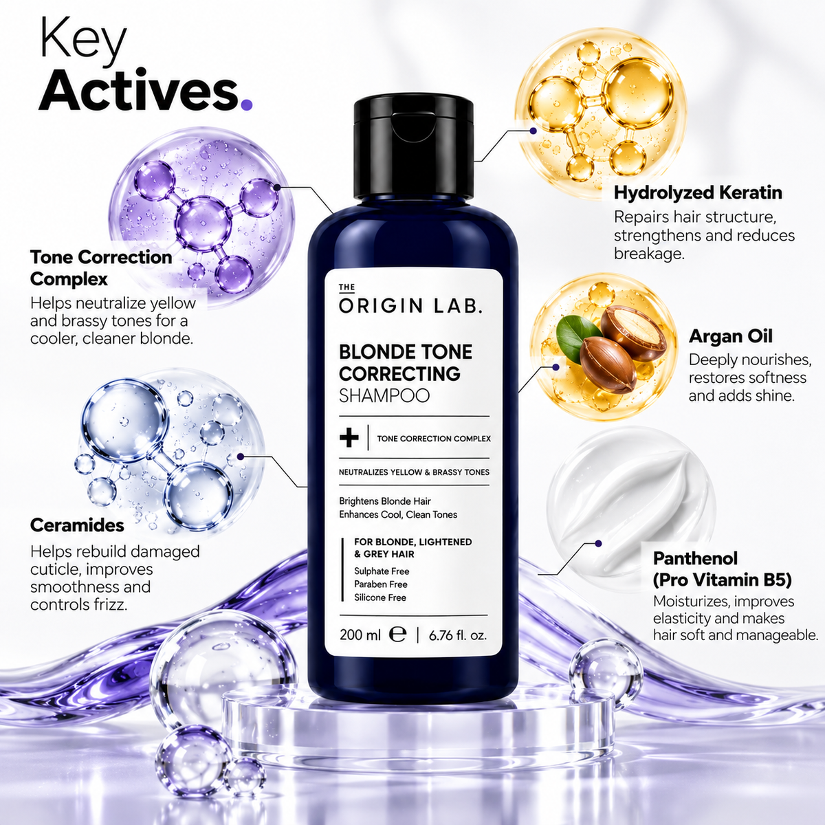 The Origin Lab Blonde Tone Correcting Shampoo – Neutralizes Yellow & Brassy Tones | 200 ml