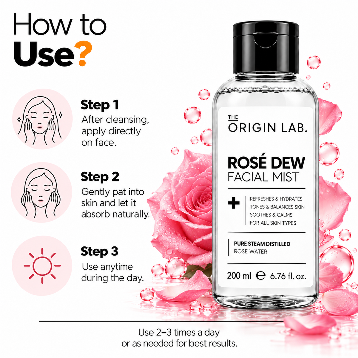 The Origin Lab Rose Water Facial Mist – Hydrating & Refreshing | 200 ml