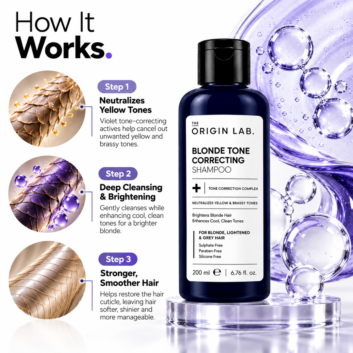 The Origin Lab Blonde Tone Correcting Shampoo – Neutralizes Yellow & Brassy Tones | 200 ml