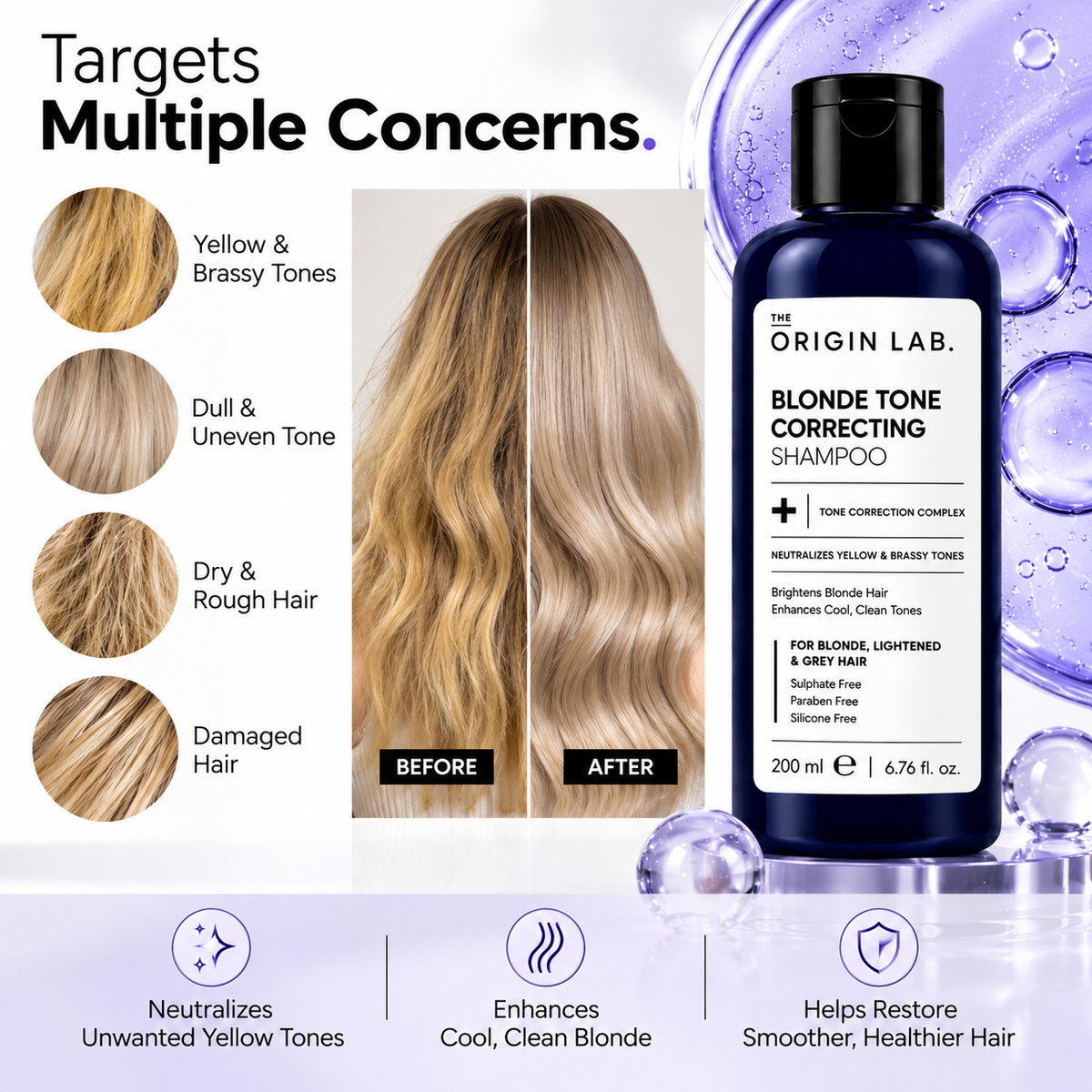 The Origin Lab Blonde Tone Correcting Shampoo – Neutralizes Yellow & Brassy Tones | 200 ml