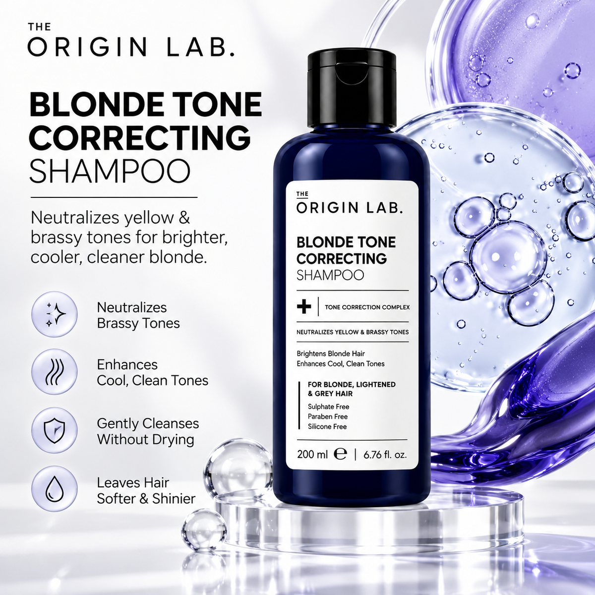 The Origin Lab Blonde Tone Correcting Shampoo – Neutralizes Yellow & Brassy Tones | 200 ml