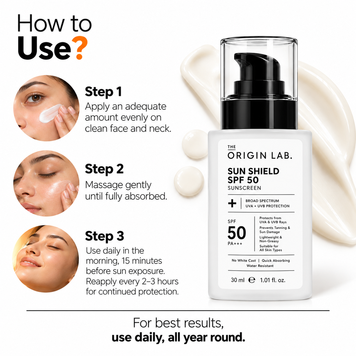 The Origin Lab Sun Shield SPF 50 Sunscreen – PA+++ | UVA + UVB Protection | Lightweight & Non-Greasy | 30 ml