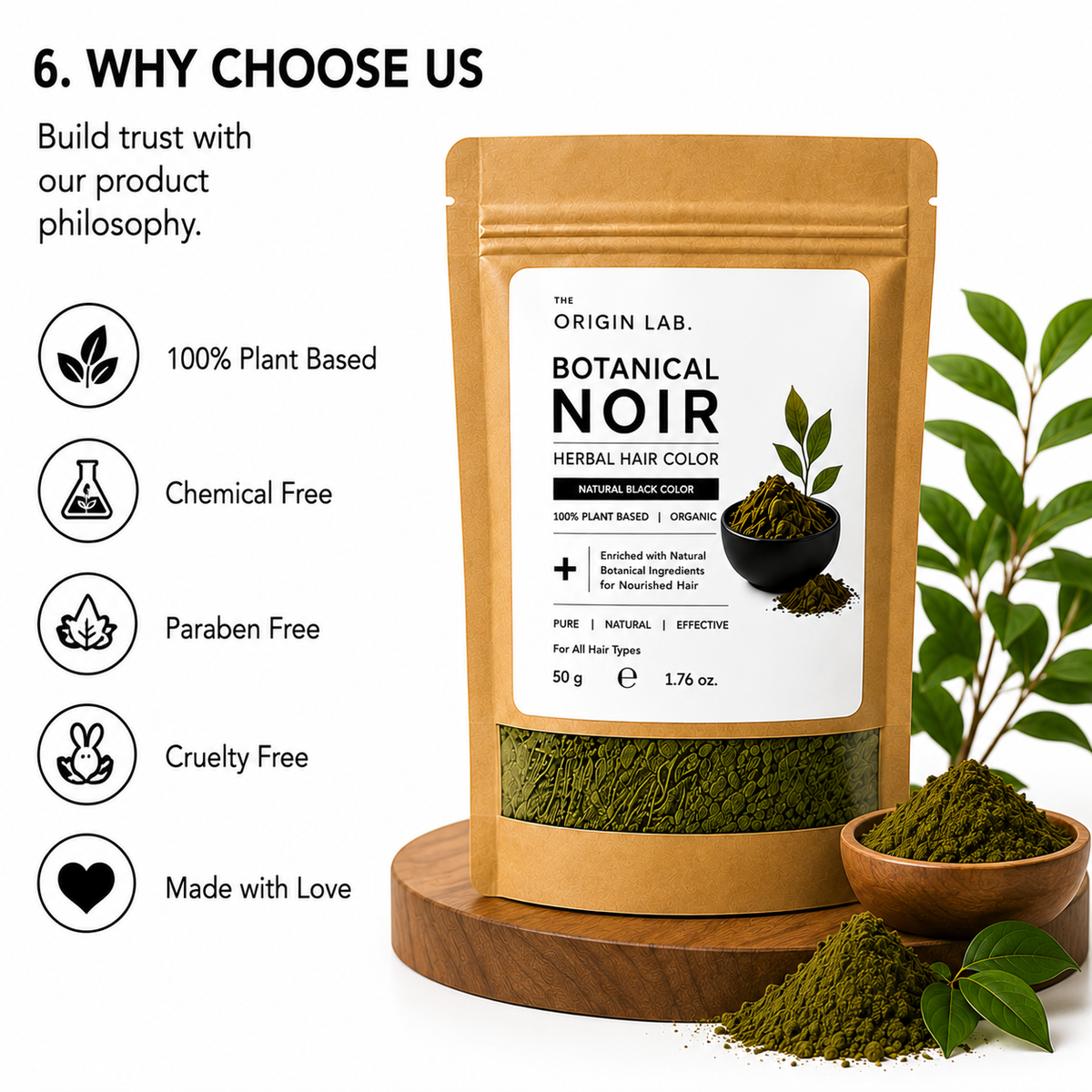 The Origin Lab Botanical Noir Herbal Hair Color – Natural Black | 100% Plant Based | 50g