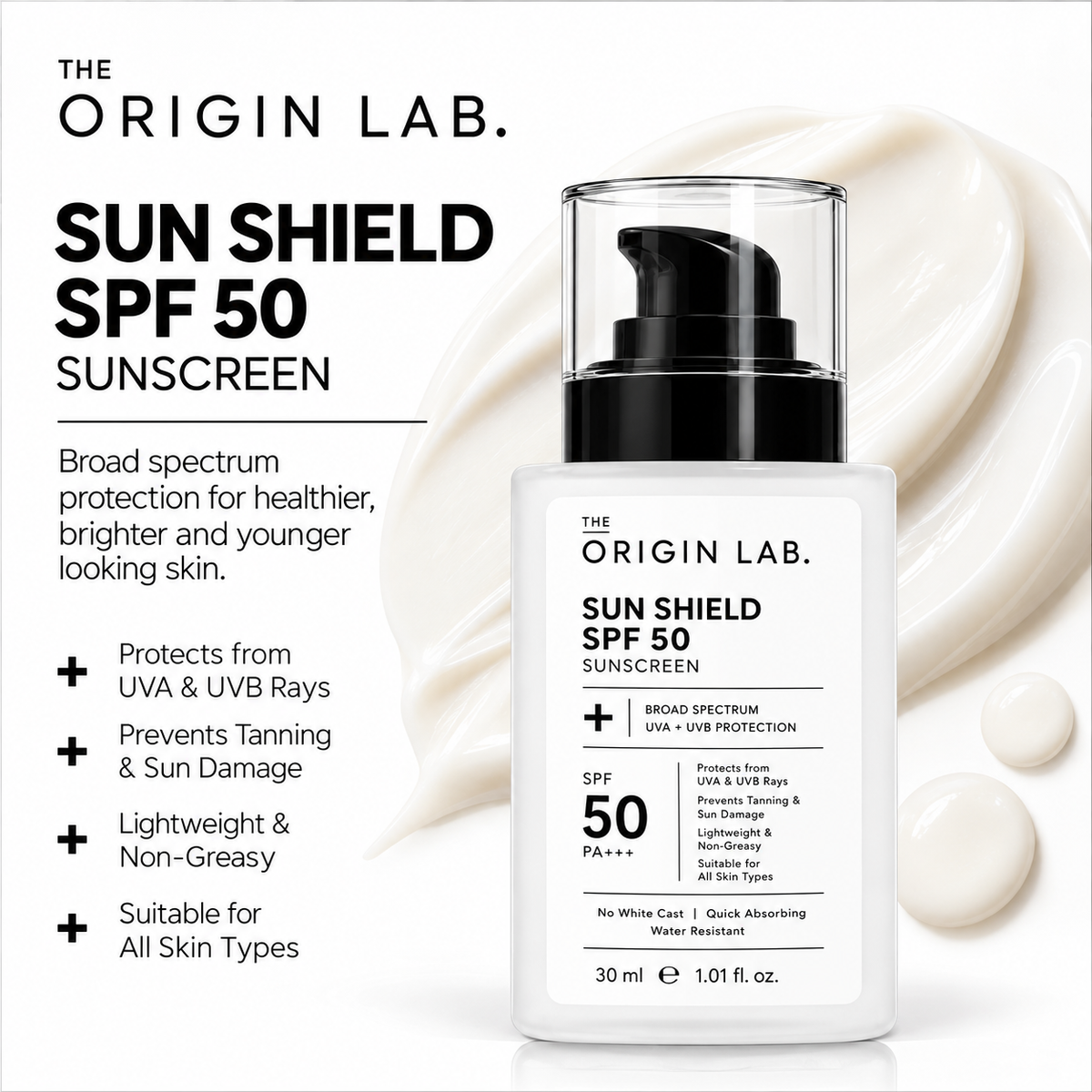 The Origin Lab Sun Shield SPF 50 Sunscreen – PA+++ | UVA + UVB Protection | Lightweight & Non-Greasy | 30 ml