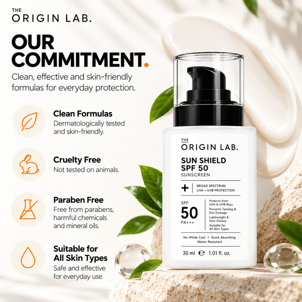 The Origin Lab Sun Shield SPF 50 Sunscreen – PA+++ | UVA + UVB Protection | Lightweight & Non-Greasy | 30 ml