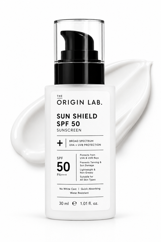 The Origin Lab Sun Shield SPF 50 Sunscreen – PA+++ | UVA + UVB Protection | Lightweight & Non-Greasy | 30 ml