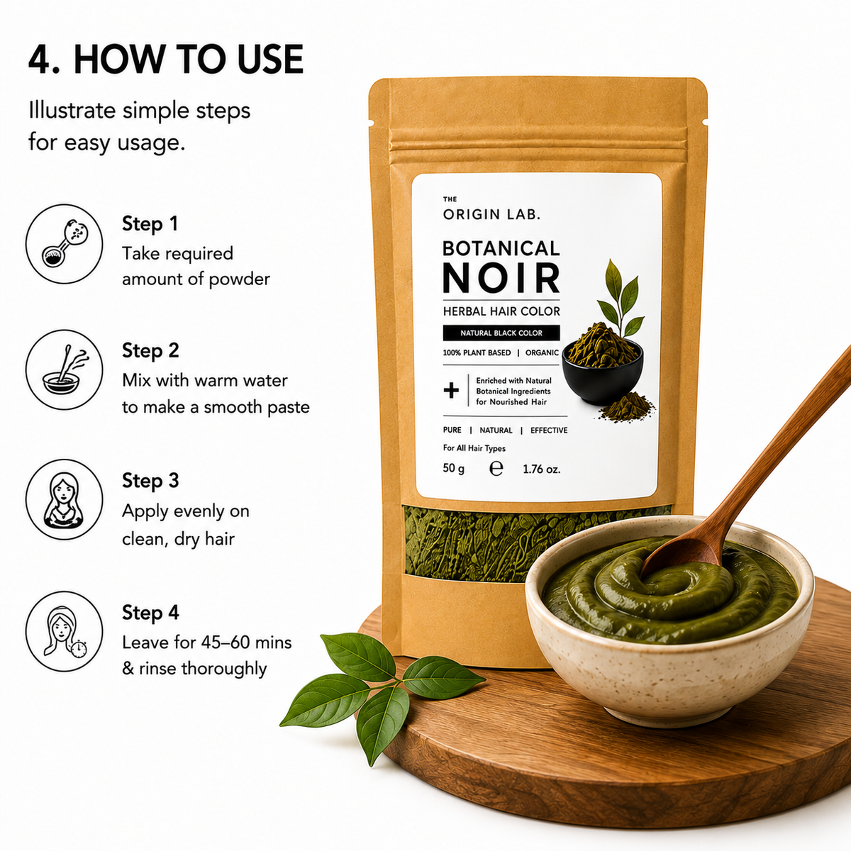 The Origin Lab Botanical Noir Herbal Hair Color – Natural Black | 100% Plant Based | 50g