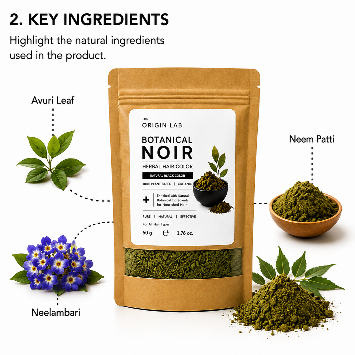 The Origin Lab Botanical Noir Herbal Hair Color – Natural Black | 100% Plant Based | 50g