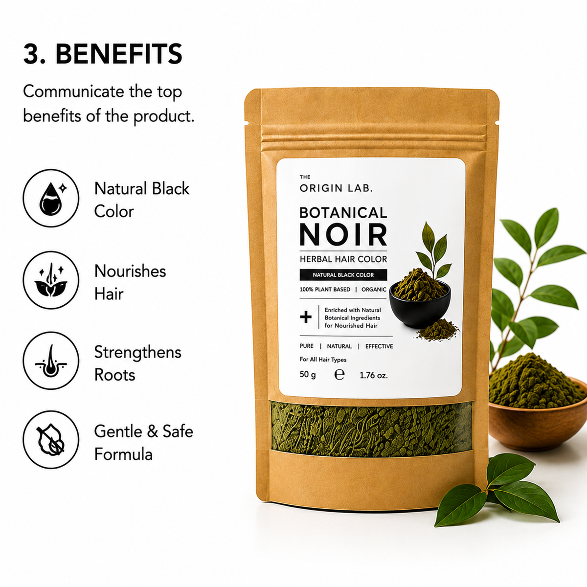 The Origin Lab Botanical Noir Herbal Hair Color – Natural Black | 100% Plant Based | 50g