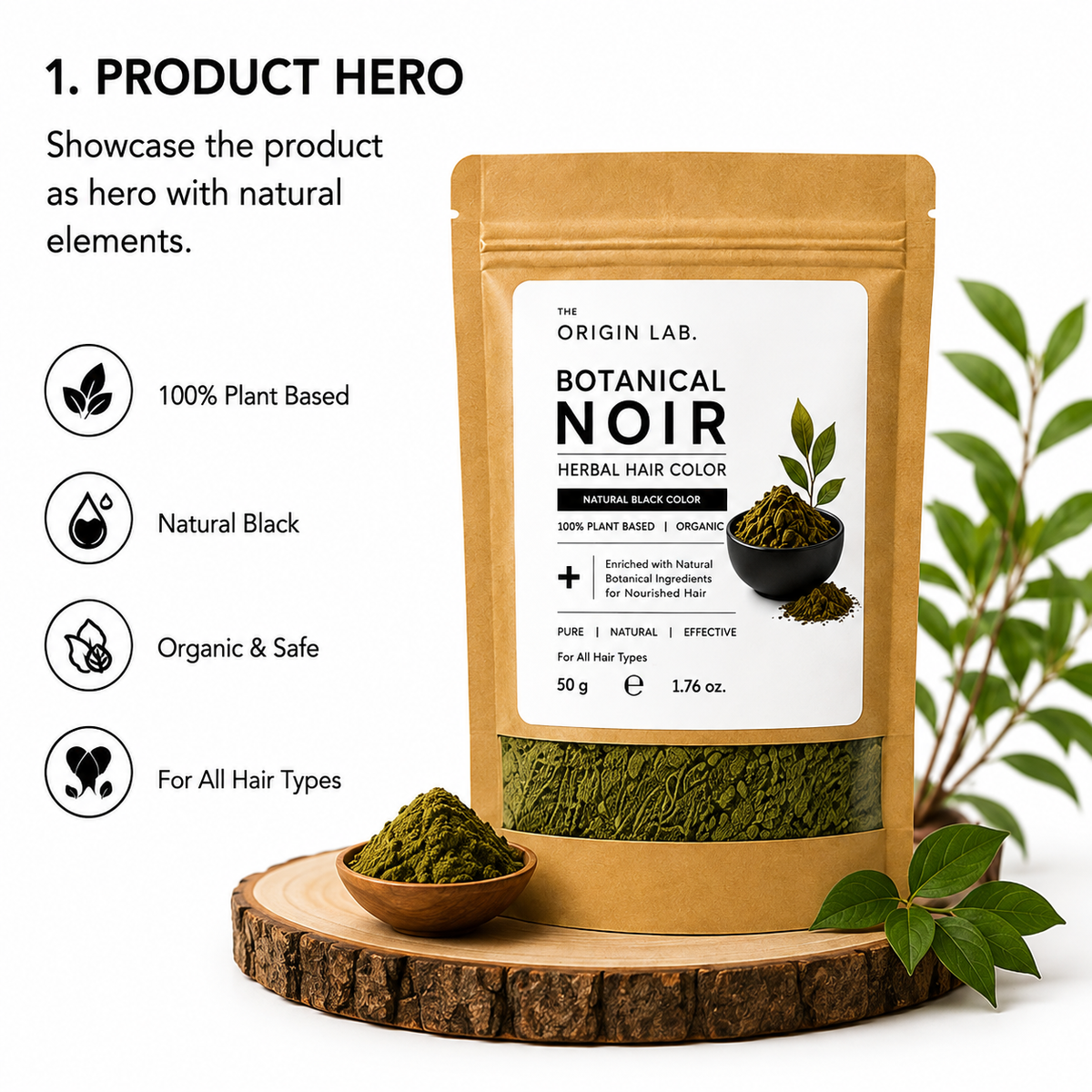 The Origin Lab Botanical Noir Herbal Hair Color – Natural Black | 100% Plant Based | 50g